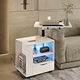 DNBSS Smart LED Lights Nightstand with Charging Station & USB Ports, Multifunctional Bedside Table for Bedroom, Adjustable Laptop Desk Storage Drawers Shelves 360 Smooth Rolling (White)