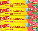 Glad Cling N Seal Plastic Food Wrap, 300 Square Foot Roll - 4 Pack (Package May Vary)