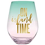 slant collections Teal Ombre with Gold Writing Birthday Gift Jumbo Stemless Wine Glass Holds a Whole Wine Bottle, 30-Ounces, Island Time