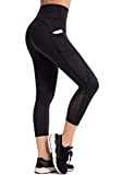 UURUN High Waisted Leggings for Women, Capri Yoga Pants with Pockets, Tummy Control, Squat Proof, for Workout, Running, Black, S