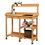 VINGLI Wooden Potting Bench, Work Station Table, Outdoor Garden Potting Table with Sink, Hooks and Storage Shelf for Garden Supplies, Natural