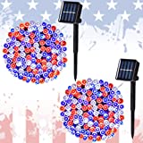 4th of July Solar String Lights, 2 Pack Red White and Blue Lights 39FT 100 LED Waterproof, Independence Day Lights with 8 Modes, Patriotic Lights Outdoor for Garden, Memorial Day Decoration