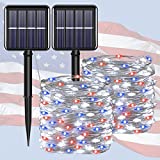 Memorial Day Decorations Outdoor Lights-Red White Blue Solar String Lights,2Pack Each 100LED 33ft Patriotic Decor Lights,IP67 Waterproof 8 Modes 4th of July Decor Fairy Lights for Garden,Patio Yard