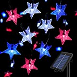 Outdoor Solar String Lights 50LEDs with 3D Shaped Crystal Star String Lights for Garden Decorations( Blue White Red US Flag Color)