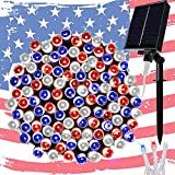 Twinkle Star Solar String Lights, 98FT 300 LED 8 Modes Solar Powered July 4th Patriotic White Wire Light Waterproof, Outdoor Indoor for Independence Day Garden Patio Yard Holiday Party, Red/Blue/White