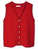 Women Solid Classic V-Neck Sleeveless Sweater Vest JK Uniform Cardigan,Red