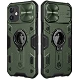 CloudValley Compatible with iPhone 12, 12 Pro Case with Camera Cover & Kickstand, Slide Lens Protector + 360 Rotate Ring Stand, Green Armor Style, Impact-Resistant, Shockproof, Protective Bumper