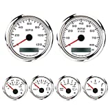 MOTOR METER RACING W Pro Electrical 6 Gauge Set - 3-3/8" 85mm GPS Speedometer & Tachometer - 2-1/16" 52mm Voltage, Fuel Level, Water Temperature & Oil Pressure - for Boat, Car & Truck - White Dial