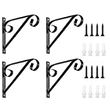 Hanging Plant Bracket, 4 Pack Metal Plant Hooks for Hanging Baskets Including Shelving and Screws, Hanging Basket Hooks Wall Mounted Plant Hanger for Outdoor Indoor Decor on Patio Lawn (7.3 x 6.3in)