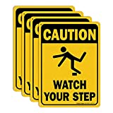 (4 Pack) Caution Watch Your Step Sign Safety Sign, 10 x 7 Inches rectangle, .040 Rust Free Aluminum, UV Protected and Waterproof, Weather Resistant, Durable Ink, Easy to Mount