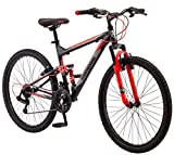 Mongoose Status 2.2 Mens and Womens Mountain Bike, 26-Inch Wheels, 21-Speed Shifters, Aluminum Frame, Front Suspension, Black/Red