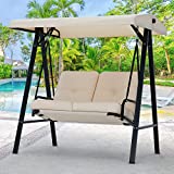 AECOJOY 2-Seat Outdoor Patio Swing Chair, Canopy Swing with Removable Cushions & Adjustable Canopy & Steel Frame for Garden, Porch, Balcony, Backyard, Beige
