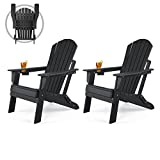 Folding Adirondack Chair Set of 2, Fire Pit Chairs, Plastic Adirondack Chairs Weather Resistant with Cup Holder, Composite Adirondack Chairs, Black