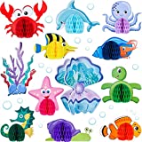 12 Pieces Sea Animal Honeycomb Centerpiece Under the Sea Party Decorations Supplies Ocean Themed Marine Creature Decoration Fish Mermaid Table Honeycomb for Beach Themed Birthday Party Baby Shower
