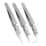 3Pcs Precision Ceramic Reverse Tweezers Silver Stainless Steel Tweezers Cross Lock Electronics Industrial Heat-resistant Tweezers Soldering Tool XSFDUI