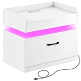 Seventable Nightstand with Charging Station and LED Lights, Modern End Side Table with 1 Drawer, Nightstand Storage Cabinet for Bedroom, White