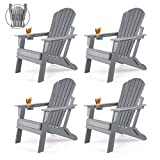 Folding Adirondack Chair Set of 4, Fire Pit Chairs, Plastic Adirondack Chairs Weather Resistant with Cup Holder, Composite Adirondack Chairs, Grey