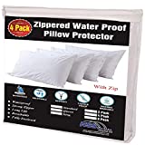 4 Pack Waterproof Pillow Protectors Standard 20x26 Inches Life Time Replacement Smooth Zipper Premium Encasement Covers Quiet Cases Set White 100% Liquid Protection