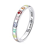 BISAER S925 Sterling Silver Puppy Dog Cat Paw Ring, Multicolor Pet Print Enamel Ring for Women Girls.