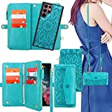 Harryshell [12 Card Slots] [Block Theft Card Scanning], Detachable Magnet Wallet Case Cover Cash Bill Zipper Pocket Crossbody Lanyard Strap for Samsung Galaxy S22 Ultra 5G (2022) (Floral Blue Green)