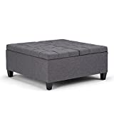 SIMPLIHOME Harrison 36 inch Wide Square Coffee Table Lift Top Storage Ottoman in Upholstered Slate Grey Tufted Linen Look Fabric for the Living Room, Transitional
