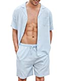 COOFANDY Men Linen Shirt and Pants Set Casual Button Down Beach Vacation Summer Outfits Sky Blue