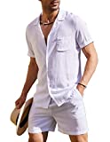 COOFANDY Men's 2 Pieces Shirt Set Short Sleeve Button Down Casual Hippie Holiday Beach T-Shirts Shorts Outfits (01-White, Medium)
