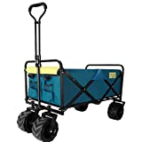 Collapsible Folding Wagon Beach Carts with Big Wheels for Sand, All-Terrain Beach Wagon with Universal Wheels, Adjustable Handle & Drink Holders for Camping, Sports, Shopping