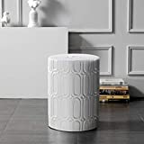 MOTINI Heavy Duty Ceramic Garden Stool White Glazed Elliptical Pattern Decorative Side Table Accent Table for Indoor & Outdoor, 16" H
