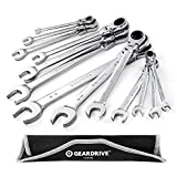 GEARDRIVE Flex-Head Ratcheting Combination Wrench Set, SAE, 13-piece, 5/16'' to 1'', Chrome Vanadium Steel Construction with Rolling Pouch