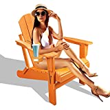 Jovilife Orange Folding Adirondack Chair HDPE Outdoor Patio Chair, Beverage Holder Easy Compact Storage Garden Resin Outside Furniture All Weather Resistant Chair 350lbs Heavy Duty Backyard,Orange