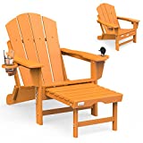 Mdeam Folding Adirondack Chair Patio Lawn Outdoor Fire Pit Chairs Adirondack Chairs Weather Resistant with 2 Cup Holder/Adirondack Retractable Ottoman(Orange)