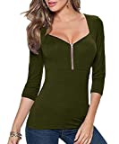 Afibi Women's Square Neck Zip Front Empire Waist Blouse Tees Tops (XX-Large, Army Green)