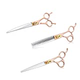 Purple Dragon 7.0" 3 in 1 Gold Professional Pet Grooming Chunker Scissors - Downward Curved Shears and Dog Hair Cutting Scissor with Pet Comb for Pet Groomer or Family DIY Use (3 PCS)