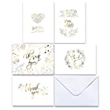 Wedding Party Thank You Cards, Pack of 50 Elegant Gold Thank You Note Cards with White Envelopes, Bohemian Bridal Shower Decoration, 5 Assortment Romantic Designs by Fresh & Lucky