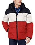 Tommy Hilfiger Men's Hooded Puffer Jacket, Midnight/ice/Orange Color Block, Medium