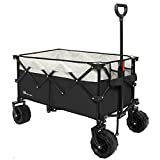 Moon Lence Collapsible Outdoor Utility Wagon Heavy Duty Folding Garden Portable Hand Cart with All-Terrain Beach Wagon Big Wheels, Adjustable Handle & Drink Holders