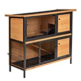 PawHut 48" 2-Story Large Rabbit Hutch Bunny Cage Wooden Pet House Metal Frame with Individual Room, Ramp, No Leak Tray, Feeding Trough, Waterproof Asphalt Roof for Outdoor/Indoor