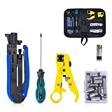 KOTTO Coax Cable Crimper Kit, Compression Tool Coax Cable Crimper Kit, Adjustable RG6 RG59 RG11 75-5 75-7 Coaxial Cable Stripper with 20 PCS F Compression Connectors