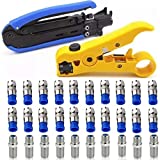 Gaobige Coaxial Compression Tool Coax Cable Crimper Kit Adjustable rg6 rg59 rg11 75-5 75-7 Coaxial Cable Stripper with 20pcs F Male And 10pcs Female to Female rg6 Connectors