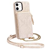 ZVEdeng Wallet Case for iPhone 12, iPhone 12 Pro Zipper Wallet Card Holder Case Crossbody Chain Strap Leather Handbag for Women Shockproof Case for iPhone 12/12 Pro 6.1'' Lizard Skin Apricot