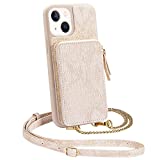 Wallet Case Compatible with iPhone 13, ZVEdeng Zipper Wallet Card Holder Slot Case with Crossbody Chain Strap Leather Purse for Women Shockproof Case for iPhone 13 6.1'' Lizard Skin Apricot