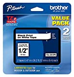 Brother Genuine P-touch, TZe-231 2 Pack Tape (TZE2312PK) (0.47) x 26.2 ft. (8m) 2-Pack Laminated P-Touch Tape, Black on White, Perfect for Indoor or Outdoor Use, Water Resistant, TZE2312PK, TZE231