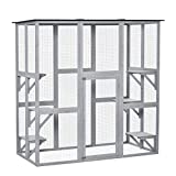 PawHut Large Wooden Outdoor Cat House Catio Enclosure, Kitten Cage with Weather Protection, Cat Patio with 6 Platforms - 71" L, Grey