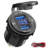[Upgraded Version] 12V USB Outlet Dual Quick Charge 3.0, Qidoe Aluminum Socket 12V Motorcycle USB Outlet with LED Voltmeter Button Switch Waterproof 12V Car Charger for Boat Marine Moto RV Golf Cart