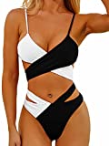 Lilosy Sexy Cute Wrap Push Up Cutout Two Color Block High Cut Leg Thong Brazilian Bikini Swimsuit Set Women Cheeky Bottom Colorblock Bathing Suit 2 Piece White and Black Medium