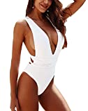 Lilosy Sexy Push Up Tummy Control Plunge Backless High Cut Leg Thong Cheeky Brazilian 1 One Piece Bikini Swimsuit Women Open Back Bathing Suit Self Tie Criss Cross Monokini White Medium