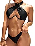 Lilosy Sexy Cute Underwire Push Up Cutout Halter Criss Cross High Cut Leg Thong Brazilian Bikini Swimsuit Set Women Cheeky Bottom Bathing Suit 2 Two Piece Black Medium