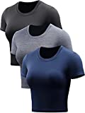 CADMUS Workout Crop Tops Women Racerback Dry Fit Athletic Shirts Short Sleeve 3 Piecese, Black, Grey, Navy Blue, Medium