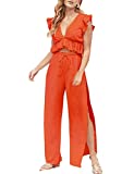 FANCYINN Womens 2 Pieces Crop Top Outfits Deep V Neck Side Slit Drawstring Wide Leg Pants Set Cute Jumpsuits Orange M